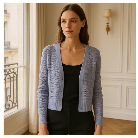 ☀️ TOMMY HILFIGER Y2K Purple Knit Crochet Crop Cardigan Sweater Pointelle Cute - Picture 1 of 5